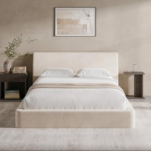 Image of RECCI AirFrame Queen Bed Frame with Ergonomic Angled Headboard, 360 Cushioned Platform Bed Frame, Low Profile Minimalist Soft-Frame Bed, No Box Spring Needed, Easy Assembly, Beige Chenille
