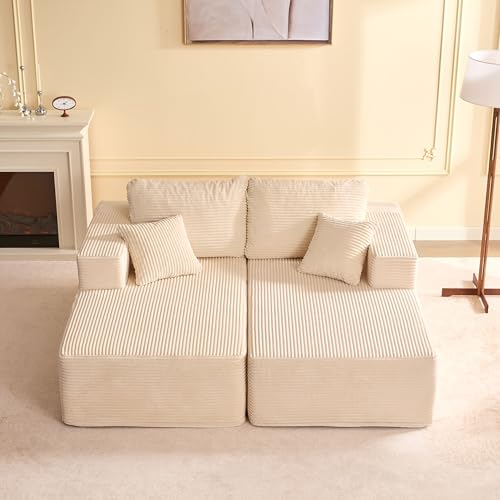 Litbird Canapé d’Angle modulable en L avec Fonction lit – Grand canapé Convertible rembourré en Tissu côtelé – Canapé-lit Confortable pour Salon,Blanc cassé