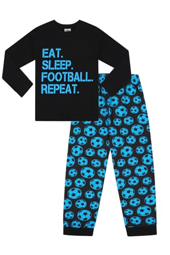 ThePyjamaFactory Jungen Eat Sleep Football Repeat Blau Langer Baumwolle Schlafanzug (12-13 Jahre)