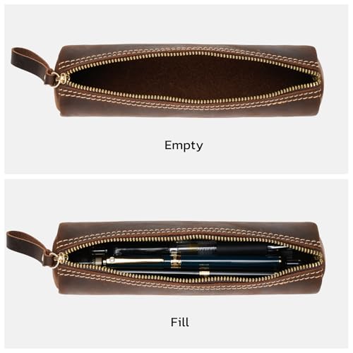 Image of ECHSRT Genuine Leather Pencil Pouch, Classic Cylinder Pen Bag - Coffee | Full-Grain Cowhide Leather, Crazy Horse Finish, Single Zipper, Vintage Pen Organizer for Adults