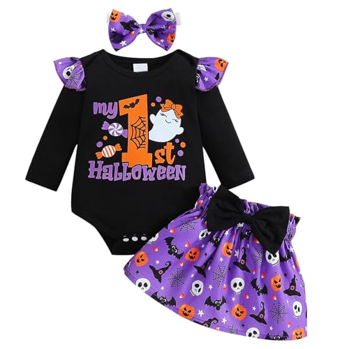Infant Girl 1st Halloween Skirt Outfit Long Sleeve Romper and Headband 3PCS Baby Clothes Set