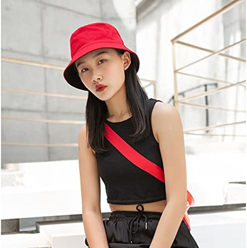 Simple Casual Bucket Hat Double Side Wear Outdoor Cap Summer Travel Solid Color Beach Sun Hat Unisex Couple Hat (Red+Black) #TOP2