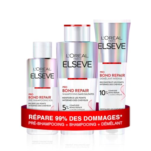 L'Oréal Paris - Routine Capillaire Réparatrice pour Cheveux Abîmés & Sur-Sollicités - Pré-Shampooing + Shampooing + Démêlant - Complexe à l'Acide Citrique - Elseve Pro Bond Repair - 3 Produits