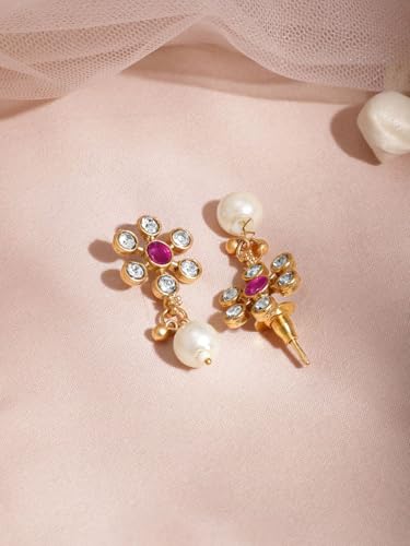 Juego de collar de perlas blancas y colgante de rubí rosa en latón talla S 2