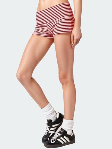 Womens Fold Over Shorts Elastic Waist Y2k Striped Shorts Skinny Pajamas Mini Sleepwear Stretchy Yoga Shorts3