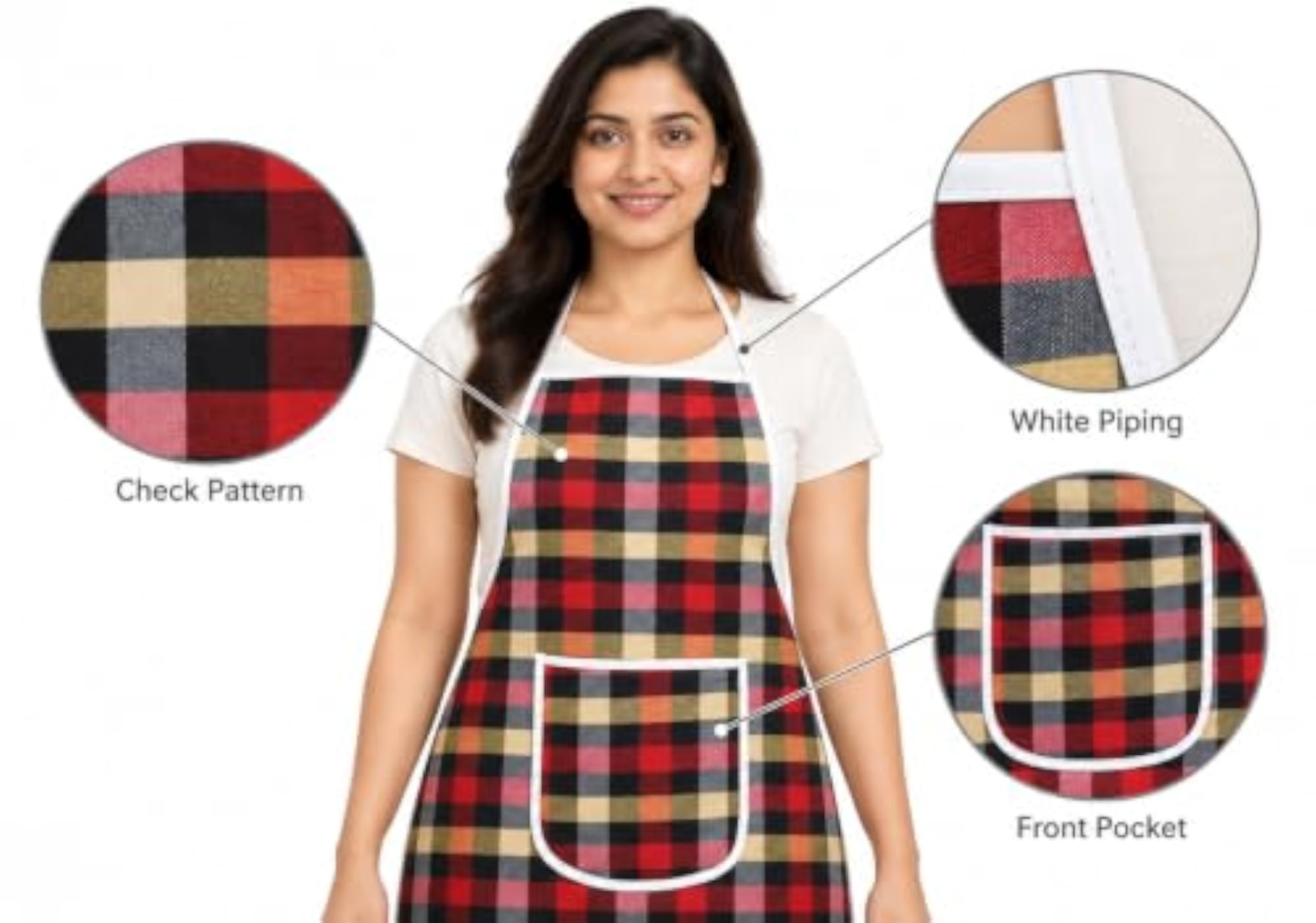 Red Checkered Kitchen Apron for Women with Front Pocket