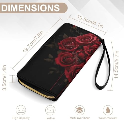 Large Capacity Slim Wallet for Women Waterproof Travel Long Purse Blood Red Rose Black Credit Card Holder with Multiple Card Slots2