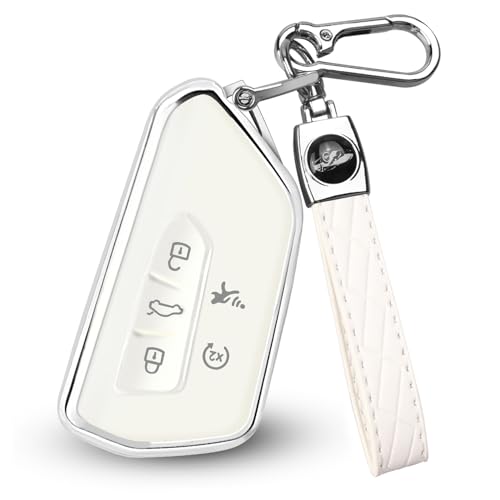FT FUNTOR Key Fob Cover for Volkswagen,Soft TPU Full Protection Case Compatibale With VW Golf GTI Atlas Skoda Octavia ID3 ID4 MK8 (White, 5 Buttons)