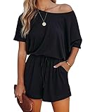 Lacozy Women 2024 Summer Short Sleeve Off The Shoulder Rompers Casual Shorts One Piece Overall Jumpsuit Outfits Black S