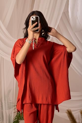 Image of Sidhidata Women's Solid Color V-Neck Kaftan Sleeve Casual Wear Co ord Set | Kurta Set for Women (Delta)