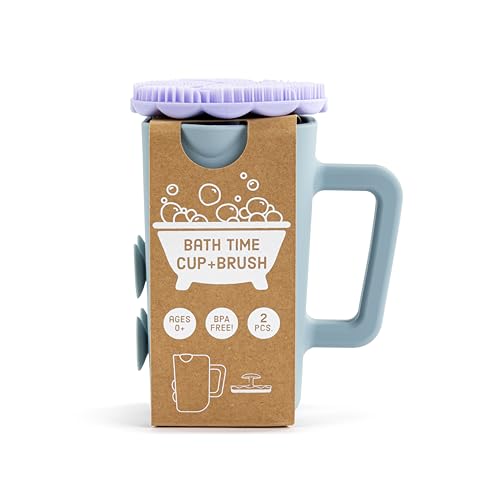 Image of DEMDACO Love to Play Collection Baby Bath Rinse Cup and Silicone Scalp Scrubber Set - Gentle Hair Washing Aid for Infants & Toddlers Soft Silicone Kids' Brush & Ergonomic Rinse Pitcher, Blue