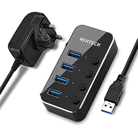 Powered USB Hub RSHTECH Aluminum 4-port USB 3.0 Hub with 5V/2A Power Supply and Individual On/Off Switch (Black) Cover