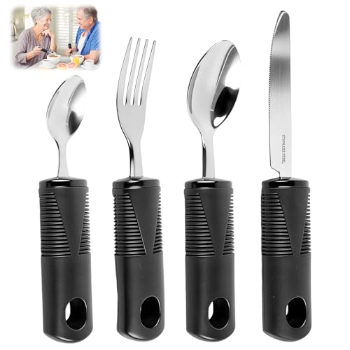 4 Pièces Couverts pour Personnes Âgées, Couverts Adaptatifs avec Poignée Épaisse, Ergonomiques Couvert avec Prise en Main Large et Antidérapante, pour Handicapées, Arthrite, Parkinson, Personnes Âgées