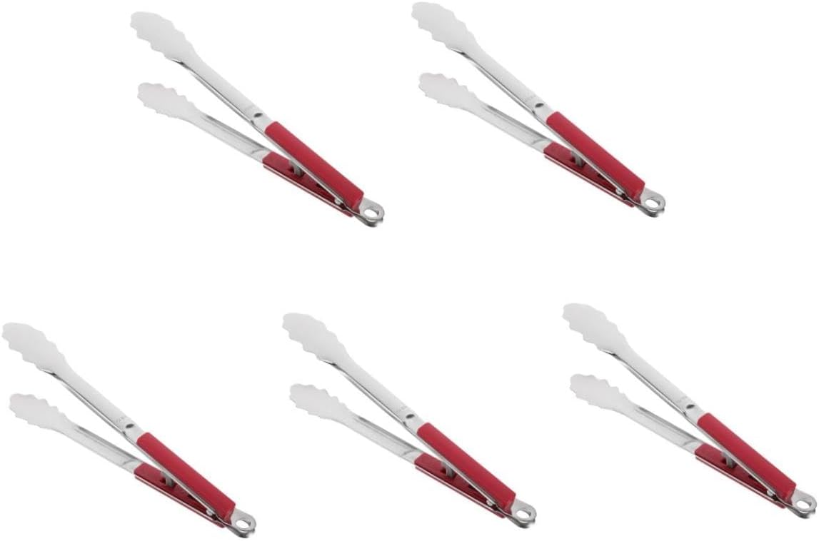 ibasenice 5pcs Heavy Duty Stainless Steel Bbq Tongs Grilling Tool for Meat Fish Salad and Bread Stylish Red for Outdoor Grilling and Cooking Events