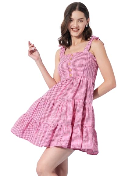 Image of Women's Gingham Checkered Summer Dress | Sleeveless A-Line Mini Dress with Shoulder Tie Straps & Button Front | Casual Picnic, Beach Wear