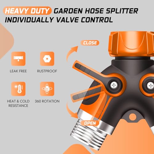 2 Way Garden Hose Splitter with Shut Off Valve,Water Spigot Splitter for 3/4" Hose Connector,Heavy Duty Metal Outdoor Faucet Splitter Y Connector with 3 Leakproof Washers & 1 tape-Orange — view 3