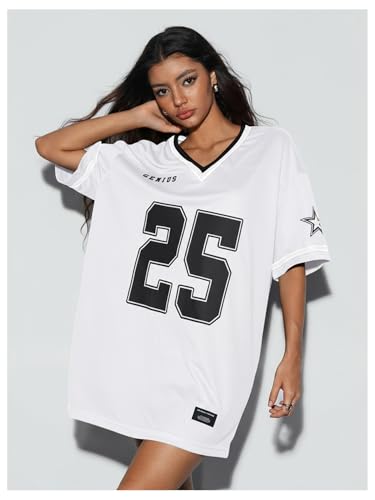 Image of SOLY HUX Women's Y2K Jersey T-Shirt Dress Short Sleeve Oversized Hip Hop Graphic Tee Mini Dresses