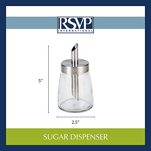RSVP International Glass Sugar Dispenser with Pour Spout Stainless Steel Lid, Sleek Decorative Design for Countertop, Cabinet or Coffee Bar, 2.5x5.2x5\" - Thumbnail 5