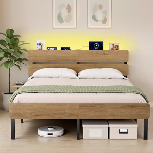 VASAGLE Doppelbettgestell, Bett, 140 x 200 cm, Metallrahmen, LED-Beleuchtung, USB-A- und USB-C-Anschluss, Unterbettaufbewahrung, Industrie-Stil,...