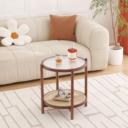 Image of Tiita Walnut Rattan End Table with Storage, Bamboo Glass Top Side Table | Open Storage Keeps Books and Decor Organized, Coordinated Pieces Fit Beside Sofas or Beds in Living Rooms and Bedrooms