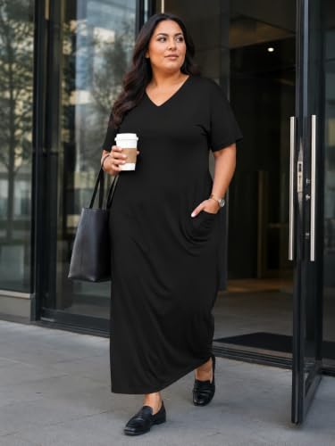 Image of PinkPatty Women's Plus Size Short Sleeve Maxi Dress Casual Loose V Neck Long Dress with Pockets