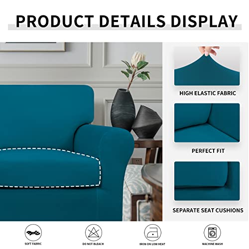 Image of Easy-Going 2 Pieces Stretch Sofa Slipcover for Armchair Washable | Spandex Soft Fitted Sofa Couch Cover for Living Room Washable Furniture Protector with Bottom Kids Pet Peacock Blue