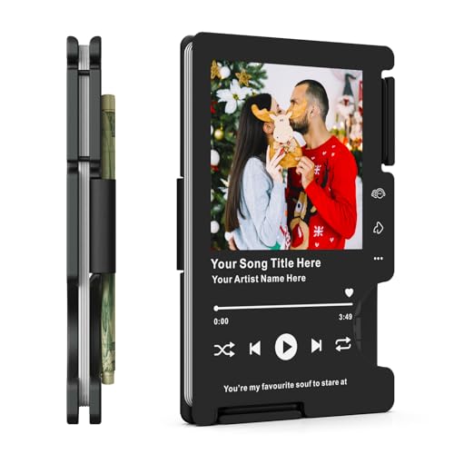 Personalized Christmas Gifts for Men, Custom Photo Engraved Song Minimalist Wallets for Husband Dad Son Boyfriend, Customized Picture Metal Card Holder for Valentines Anniversary Birthday Graduation