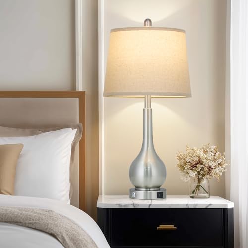 luxeflow 26" Silver Table Lamp for Bedroom, Touch Control Bedside Lamp for Nightstand with Charging Port, 3-Way Dimmable End Table Lamp for Living Room (1 Pack) - image 5