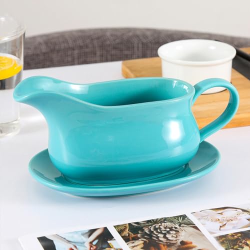 Large Gravy Boat, 15 OZ Ceramic Sauce Boat with Tray &Ergonomic Handle, Fine Porcelain Gravy Bowl With Big Dripless Lip Spout For Gravy, Warming Sauces, Salad Dressings, MilK (Green) - Image 3