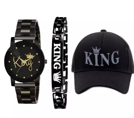 Giffemans Combo Latest Boys/Mens Baseball Plain Adjustable Black Cap,King Watch and Bracelet (Pack of 3) for Set Mens Gift (B0CM3QS1YM) Amazon Price History, Amazon Price Tracker