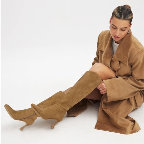 Image of Dsevht Black Leather Knee High Boots for Women Stiletto Kitten Heeled Sexy Boots Square Toe and Side Zipper Design Fashion Dress Boots