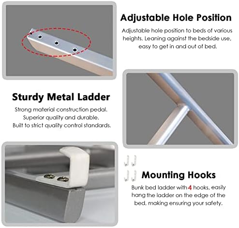 RV Bunk Bed Ladder - Adjustable 45-59" Metal Climbing Ladder with 4 Hooks & 4-5 Step Pedals, Ideal for Campers, Lofts, Dorms, and High Beds - Black