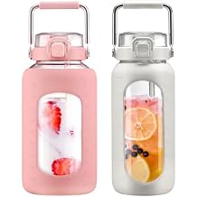 BLUEGO 84oz and 64oz Glass Water Bottles Bundle84 Pink + 64 White with Straw and Stainless Steel Handle, Large Water Bottle with Sleeve, Half Gallon Water Jug, Glass Water Container, BPA Free