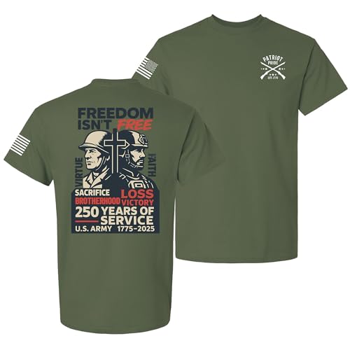 Patriot Pride Mens Graphic T-Shirt Freedom Isnt Free 250th Anniversary of US Army Service & Flag Design Military Large