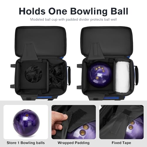 JMIANeodark Single Roller Bowling Bag with Wheels, 1 Bowling Ball Bag with Separate Shoe Compartment and Retractable Handle Extends to 37.0 Inches, Padded Foam Ball Insert (Blue)