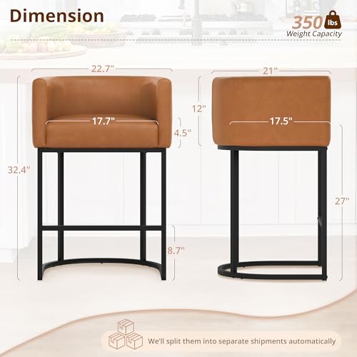 Image of LUE BONA Counter Height Bar Stools Set of 4, Modern Barrel Counter Stools with Backrest and Arms, Black Metal Frames, Faux Leather Upholstered Accent Barstools for Kitchen Island, Yellowish Brown