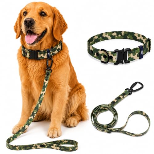 Image of Adil's Biothane Waterproof Dog Collar, Dog Leash & Collar Leash Combo | Heavy Duty TPU Coated Webbing | Adjustable Quick Release Buckle | Odour Resistant (Army Print, L-22, Collar & Leash Combo)