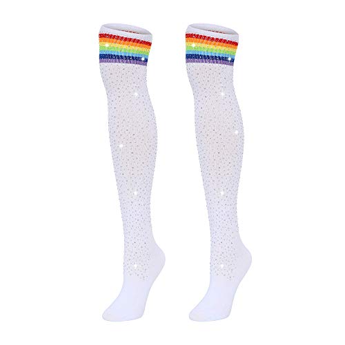 Image of Woman's Rhinestone Over Knee High Socks Stripe Knit Stockings Leg Warmers for Christmas Valentines day Events