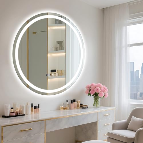 Aislerbee Miroir Salle de Bain Rond LED 60 cm - Anti-Buée, Interrupteur Tactile, Affichage Heure et Température - Miroir Mural Lumineux en Verre Trempé pour...