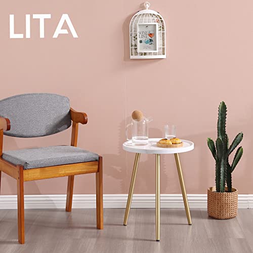 Lita Marble End Table White Tray Metal Round Side Table Nightstand Sofa Bedside Table Anti-Rust And Waterproof Accent Coffee Table For Living Room Bedroom, White Tray + Gold Legs #TOP3