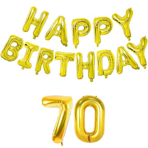 Image of Flyloons 70th Golden Colour Happy Birthday Foil Balloon Banner Set For 70 Year Old Men Women | With Number Seventy | 13 Letters Reusable Happy Birthday Metallic Foil Balloons Decoration Kit, 15 Pcs