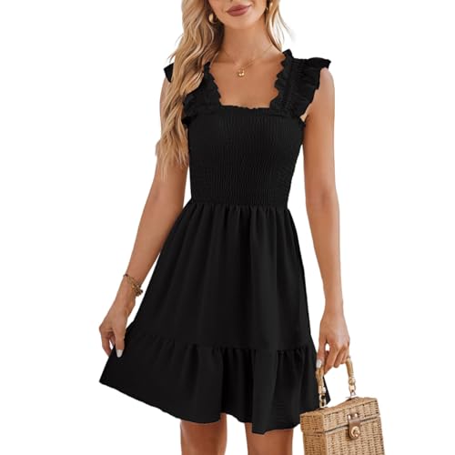 EMOTTOS Vestido elástico con Volantes para Mujer, Vestido de invitada de cóctel Acanalado sin Espalda para Verano, Vestidos sin Mangas con Cuello Cuadrado de Mini Columpio Corto Boho Suelto(Black-M)