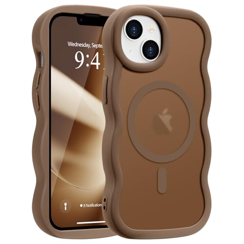 Pepmune for iPhone 13/14 Case Curly Wave Frame Hard Translucent Clear Back Cover for Women Men Compatible with Magsafe Stylish TPU Shockproof Drop Protection Phone Case for iPhone 14/13 Desert Gold