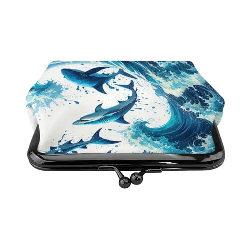Pu Leather Buckle Coin Purse Marine-Sharks-Swirling-Ocean-Waves Girls Kiss-Lock Change Purse Wallets2