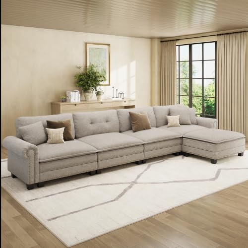 Image of HERA'S HOUSE 150 inch Oversized L Shaped Modular Sectional Couch Living Room | Mid-Century Modern 5-Seater Cloud Sofa, Light Gray, Rolled Arms & Nailhead Trim, Wider & Deeper Seats, Ottoman, Linen