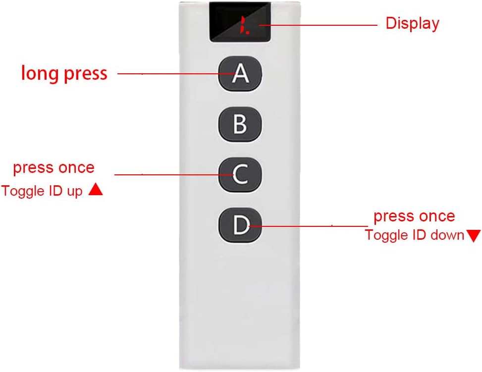 Image of the 10-in-1 remote control transmitter, highlighting its digital display and four buttons (A, B, C, D) with their primary functions.