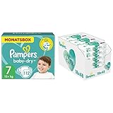 Pampers Windeln Größe 7 (15+kg) Baby Dry, 112 Stück, MONATSBOX & Aqua Pure Baby Feuchttücher, 864 Tücher (18 x 48) Mit 99% Purem Wasser, Dermatologisch Getestet, Baby Erstausstattung Für Neugeborene