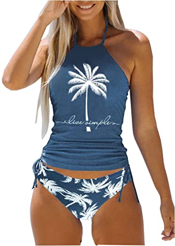 Women's Live Simple Coconut Tree Halter Tankini Set Adjustable Straps Beach Swimsuit Bikini Set(Blue,Medium) #TOP28