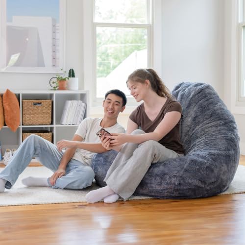Image of Big Large Teardrop Foam Filled Bean Bag Chair with Removable Cover, Gray Short Shag, 4 feet Big | Premium Shredded Foam Filled, Short Shag, Adult-Sized Comfortable Seating, Supports Up to 300 lbs, Perfect for Reading Nook
