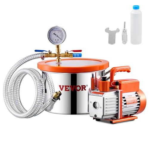 VEVOR 5 68 L Vakuumkammer und 3 5 CFM Pumpe Edelstahlkammer 1-stufiges Vakuumpumpen-Entgasungskammerset mit Acryldeckel Öl 1 5 m Schlauch Vacuum Pump Kit zum Entgasen von Harz-Silikon-Epoxiden